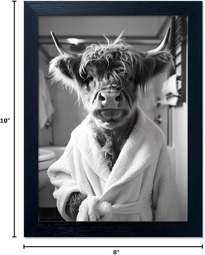 Framed Highland Cow Brushing Teeth Wall Art, Black and White Bathroom Wall Decor, Funny Cow Pictures Guest Bathroom Decor