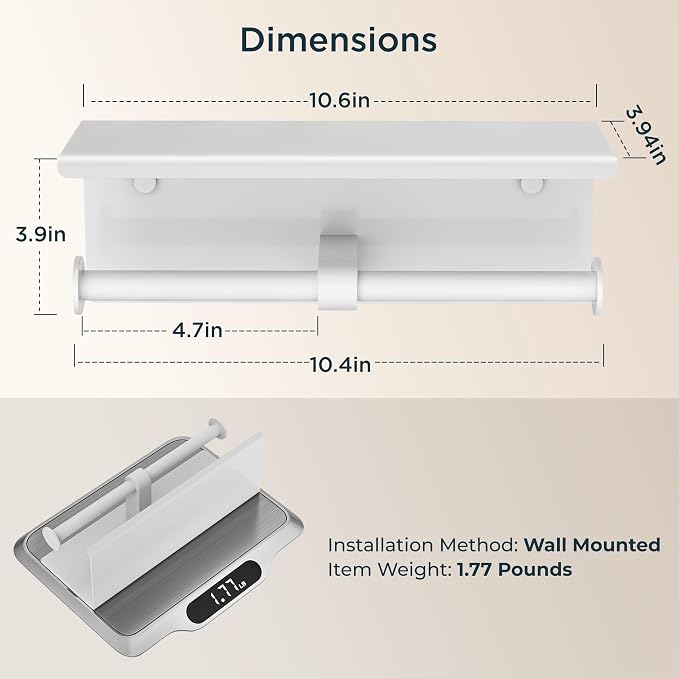 FORIOUS Toilet Paper Holder with Shelf, Commercial Toilet Paper Dispensers | White | Wall Mount Bathroom Tissue Holder | SUS304 Stainless Steel Rustproof | Double Tissue Roll Holder