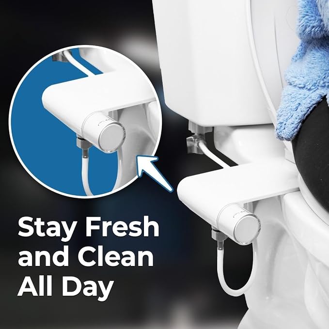 Rear & Feminine Right Handed Ultra Thin Bidet Attachment for Toilet with Self Cleaning Dual Nozzles - No Wiring Needed - Easy DIY Install - Includes Hybrid Brass 3-way T with ON/OFF & Travel Bidet