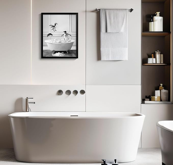 Framed Bathroom Decor Wall Art, Black and White Bathroom Decor, Funny Wall Decoration Animal Penguin in Bathtub, Cute Animal Wall Art for Kid's Room (Framed,11''x14'')