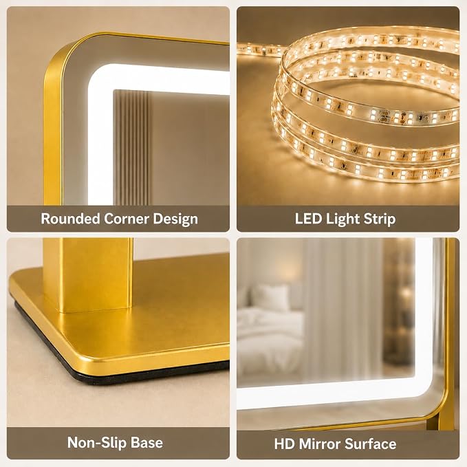 HNV 15" x 13" Gold Lighted Makeup Mirror | Compact gold desk mirror for dorm makeup, foundation checks, eyeliner, brows, mascara and skincare.