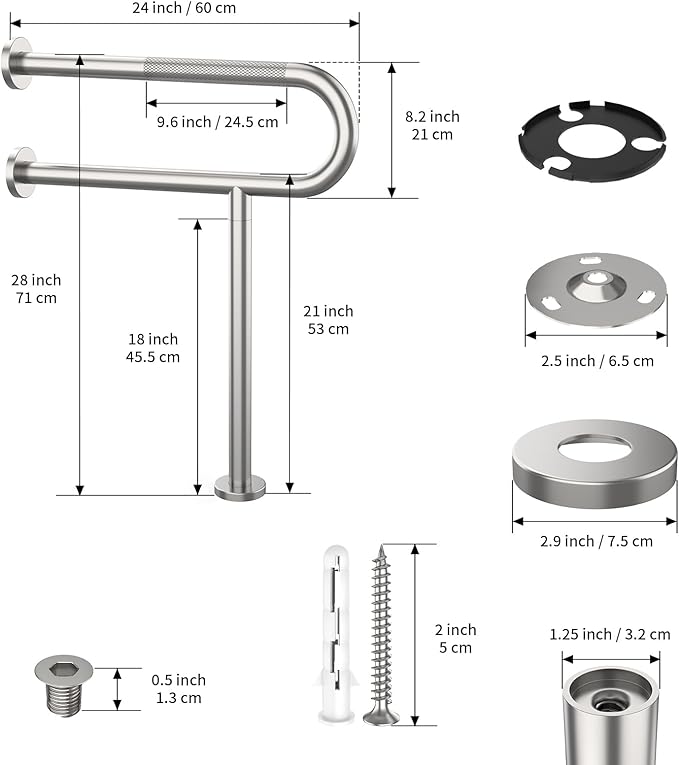 24 Inch Toilet Support Rail, Munzong Brushed Nickel Handicap Grab Bar | Anti-Slip Stainless Steel Knurled Safety handrails with Leg for Elderly Disabled Pregnant-1.25’Tube