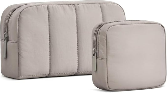 2 Pcs Makeup Bag Travel Toiletry Bag for Women Puffy Padded Cosmetic Pouch Purse Wide-open Makeup Organizer Case Travel Essentials