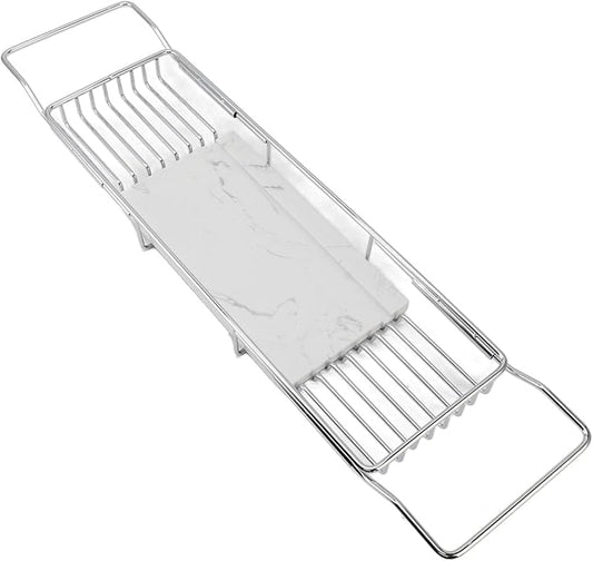 Metal Marble Bathtub Rack, Bathtub Caddy Tray Stainless Steel Shower Caddy Tray with Extending Sides, Bathroom Trays (Silver White)
