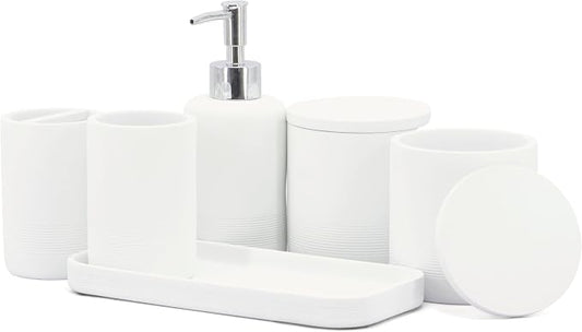 White Bathroom Accessories Set 6 Pieces - Toothbrush Holder, Lotion Dispenser, Qtip Container, Vanity Tray, Tumbler - Countertop Organizer for Bathrooms - Elegant and Functional Décor Set