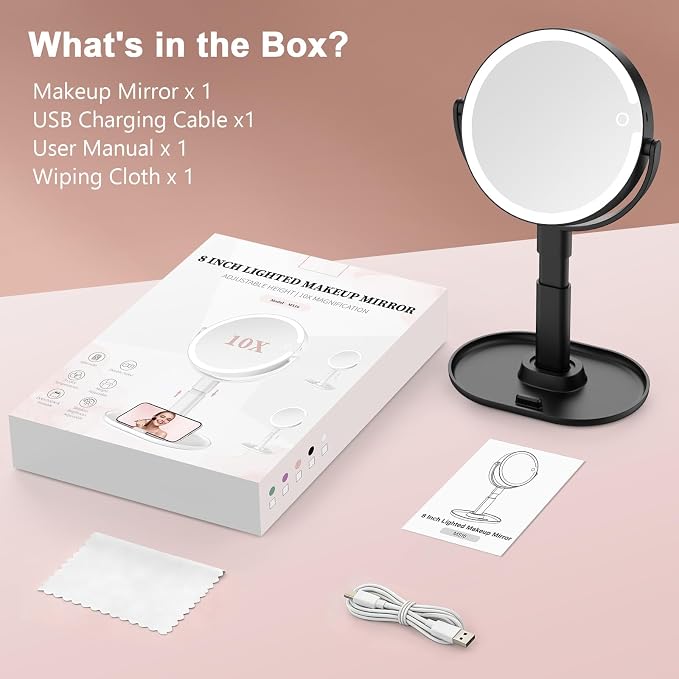 Rechargeable Lighted Makeup Mirror,10X Magnification, 7 Inch | 3 Adjustable Light Colors, Rechargeable Cordless Design, Adjustable Height, Storage Base with Phone Holder,Touch Control