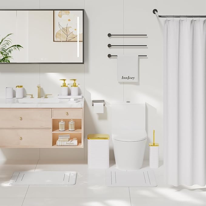 Bathroom Set - 25PC Bathroom Sets with Shower Curtain and Rugs, White Bathroom Set, Bathroom Accessory Set, Luxury Bathroom Accessories Set, Trash Can, Toilet Brush, Soap Dish & Soap Dispenser