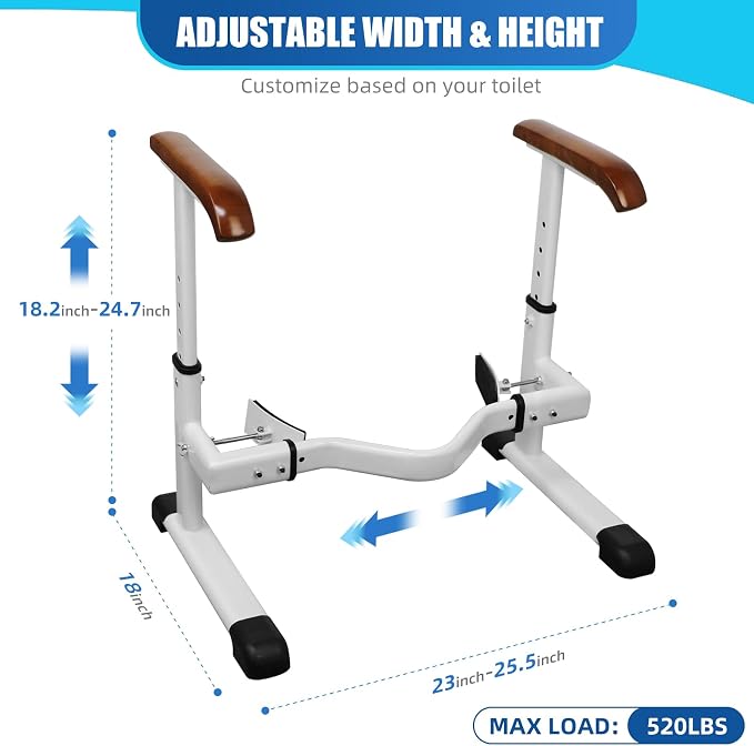 Toilet Safety Rails for Elderly with Solid Wood Handles, Heavy Duty Thickened Toilet Safety Frame, 520 LBS Capacity, Adjustable Height & Width, Handles for Seniors & Disabled