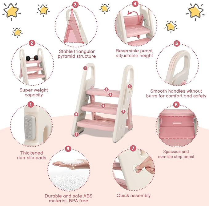 Foldable Toddler Step Stool for Bathroom Sink, Adjustable 3 Step Stool for Kids Toilet Potty Training Stool with Handles, Child Kitchen Counter Stool Helper, Plastic Ladder for Toddlers Pink