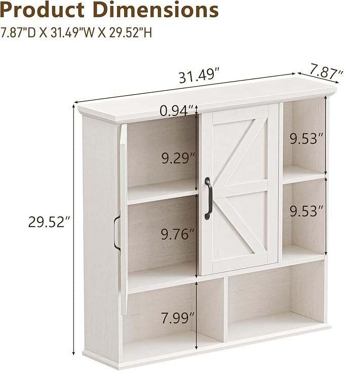 Bathroom Wall Cabinet, Farmhouse Medicine Cabinet with Doors, Rustic White | Over The Toilet Storage Cabinet with Double Barn Door and Adjustable Wood Shelf for Wall Mounted for Bathroom Laundry Kitchen