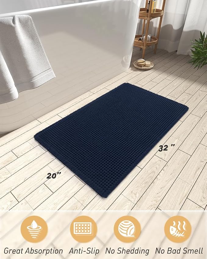 AMOAMI Upgraded Waffle Bath Mat, Super Absorbent Non Slip Bath Mats for Bathroom Floor, Machine Washable Bathroom Rugs with Tassels, Rubber Backed Bathroom Mats, Ultra Soft,20" x 32", Navy Blue
