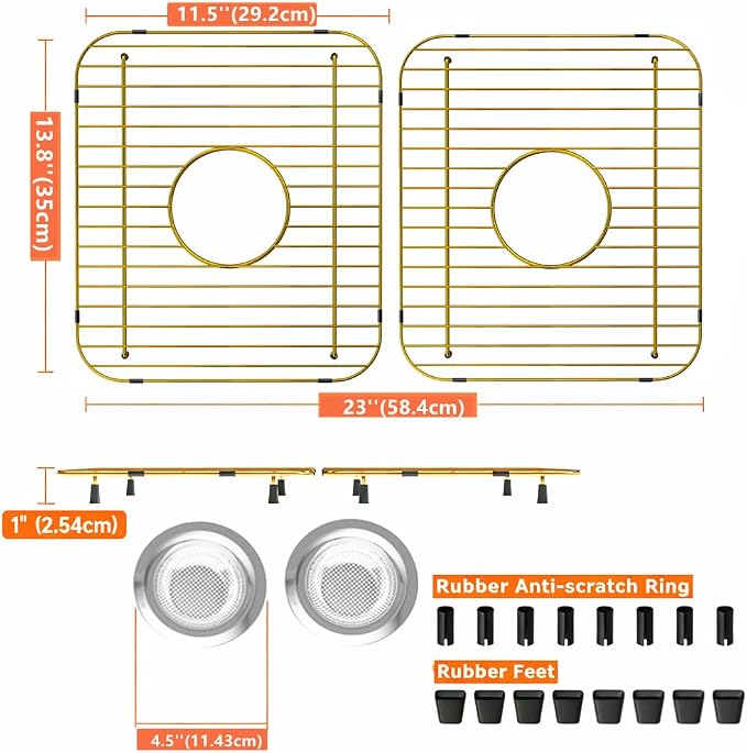 Stainless Steel Sink Grid Protector, Center Drain Kitchen Sink Bottom Wire Rack for Universal Double Bowls Sink, Kitchen Sink Accessories Drying Sink Grate, Gold 2 Pack (11.5"L X 13.8"W)