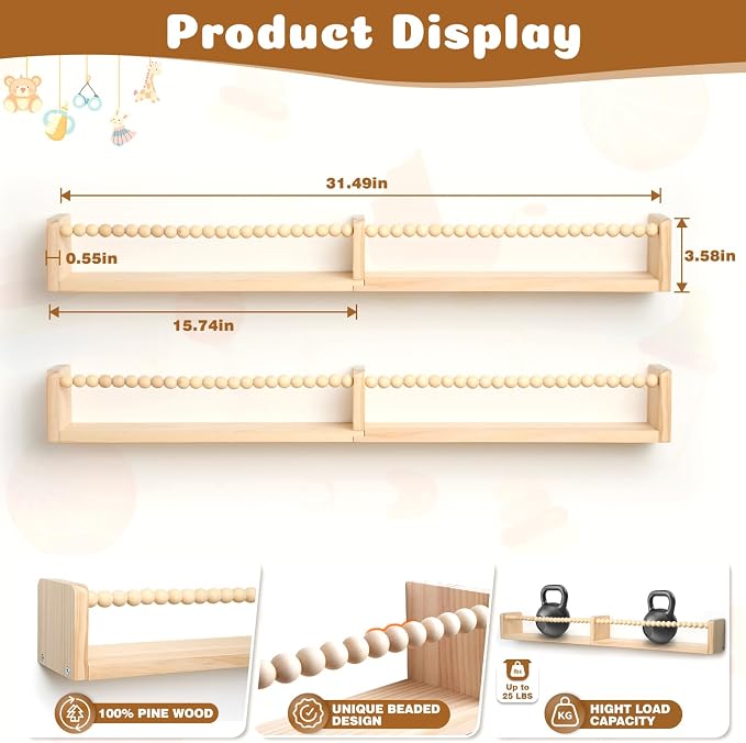 32 Inch Floating Shelf with Wooden Bead Design - Solid Pine Wall Mounted Bookshelf, Child-Safe Nursery Storage for Kids Room Decor, Set of 3(Pre-Strung Bead Strings)