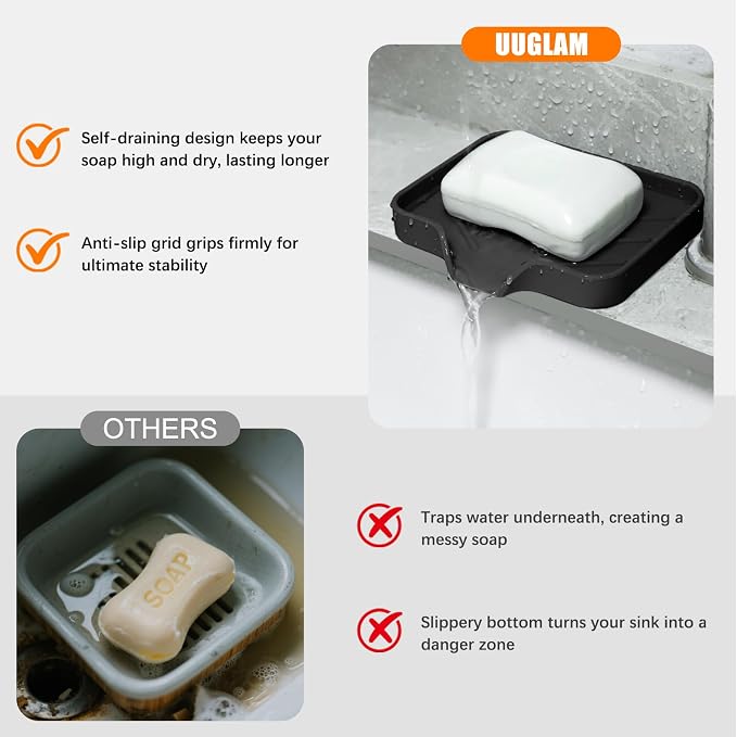 2 Pack Silicone Soap Dish, Self Draining Soap Dish 4.7"×3.9" Black | Non Slip Bar Soap and Sponge Holder for Bathroom Kitchen Sink Counter Organizer Easy to Clean Soap Tray Waterfall Soap Saver