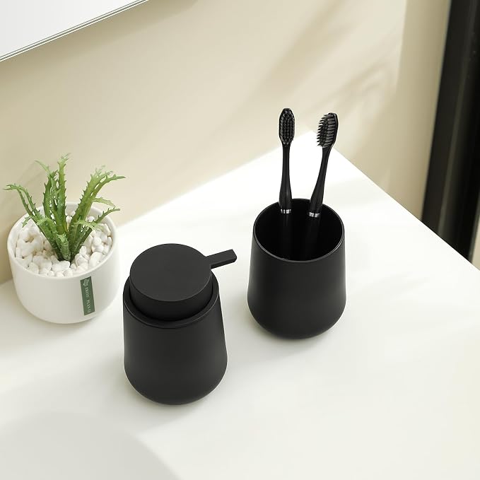 YAUKPH Bathroom Soap Dispenser and Toothbrush Holder Matte Black | Bathroom Accessories Set 2 Piece for Bathroom Countertop Storage and Decor