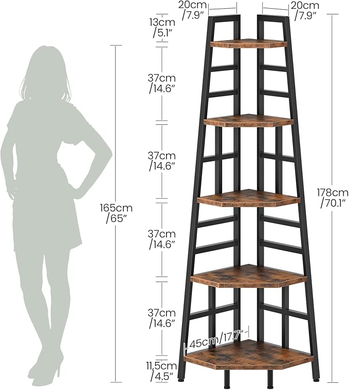70.1-Inch 5-Tier Tall Corner Shelf, Narrow Bookshelf for Small Spaces, Industrial Bookcase Display Stand for Living Room, Bedroom, Office, Rustic Brown TCJ25BF