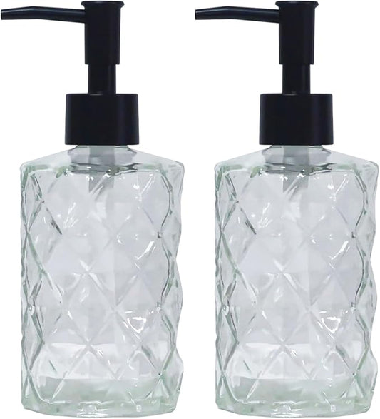 YYTSGG Crystal Clear Glass Soap Dispenser with Black Pump, 2 Pack 12oz | Diamond Hand Dispenser, Refillable Lotion Dispenser & Dish Soap Dispenser, Bathroom Soap Dispenser for Liquid, Shower Gel