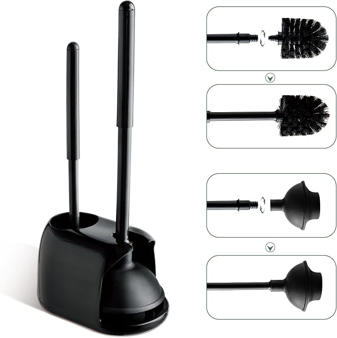 Eyliden Toilet Plunger and Brush Set, 2-in-1 Compact Holder, Black | Unclogs Toilets, Deep Cleans Bowls, Nylon Bristles, Rubber Cup, Durable Plastic Caddy, Space-Saver, Bathroom Cleaning Tools