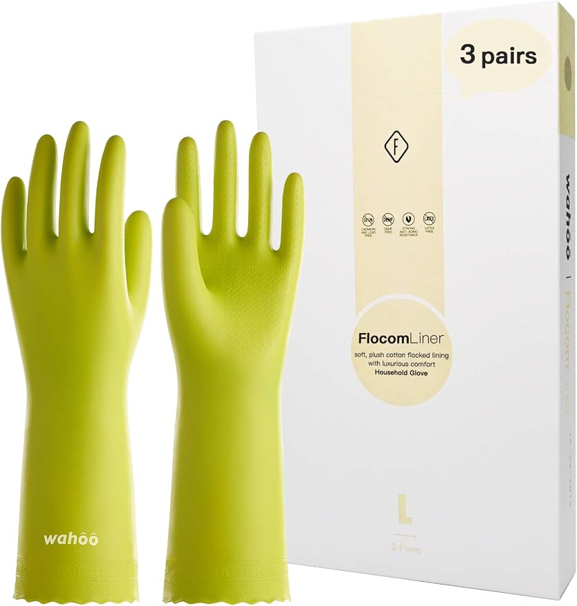 LANON 3 Pairs wahoo Cleaning Gloves,Cotton Flocked Liner,Bud Tender,Small | Skin-Friendly,Dish Washing,Reusable,Latex Free,DEHP-Free,Non-Slip,Dishwashing Household Kitchen Gloves
