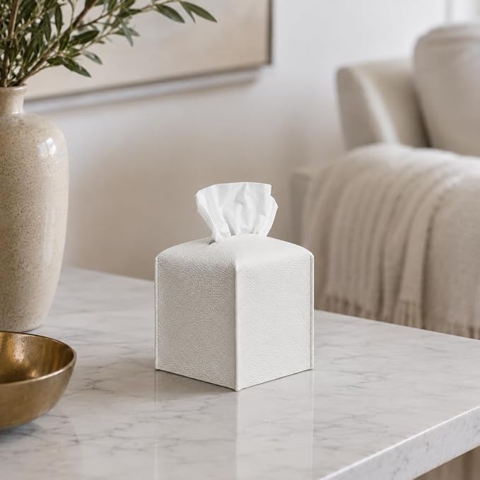 Premium PU Leather Square Tissue Box Holder - Hotel-Style Facial Tissue Box Cover for Bathroom, Bedroom, Office & Home Decor, Cube Tissues Organizer, Classic Look (White)