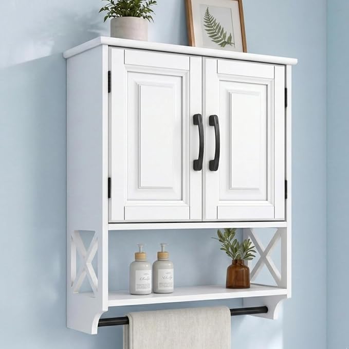 20" x 25" Bathroom Wall Cabinet with Towel Bar, White Painted Wall Mounted Storage Cabinet with Adjustable Shelf, Over The Toilet Medicine Cabinet, Wood Wall Cabinet for Bathroom Laundry Room