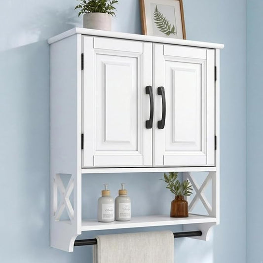 20" x 25" Bathroom Wall Cabinet with Towel Bar, White Painted Wall Mounted Storage Cabinet with Adjustable Shelf, Over The Toilet Medicine Cabinet, Wood Wall Cabinet for Bathroom Laundry Room
