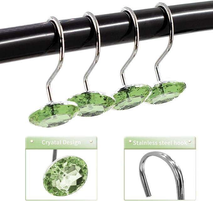 Crystal Diamond Round Shower Curtain Hooks Rings for Bathroom,Sage,12PCS | Acrylic Decorative Rhinestones Bling Shower Hooks Rings,for Bathroom Curtains Rod,Gem Metal Rust Proof Shower Hangers