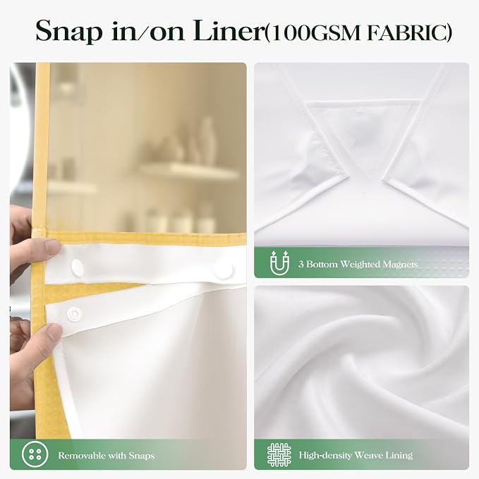 Gold Hook Free Waffle Shower Curtain & Snap-in Fabric Liner,72x75 | Less Time to install, 3 in 1 Fabric Shower Curtain and Liner Set with Magnets, Mesh Top Window, Shower Curtains for Bathroom