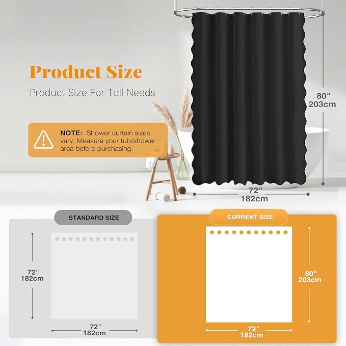 72x80 Boho Scalloped Linen Textured Cloth Shower Curtain Set, Black | Long Size, 230GSM Waterproof Polyester, Heavy Duty Fabric, 12 Plastic Hooks, Elegant Modern Farmhouse Style, Machine Washable