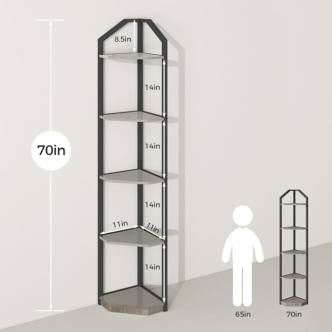 Fun Memories 5 Tier Corner Shelf, 70” Corner Shelf Stand, Corner Bookshelf Plant Stand, Storage Shelf for Bathroom, Living Room, Kitchen,Grey Home Office, Grey