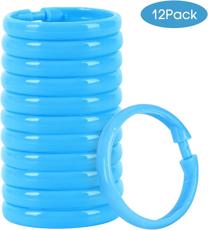 Light Blue Shower Curtain Hooks - 12 Pcs Circular Plastic Shower Curtain Rings for Bathroom - O Shaped Sky Blue Shower Hooks Rings for Shower Curtain Rod
