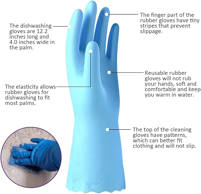 Alimat PluS Kitchen Gloves Latex Free, Cotton Flock Liner, 4 Pairs, Medium | Reusable Dishwashing Gloves with Non Slip Embossed Texture, Waterproof Cleaning Gloves for Laundry, Gardening