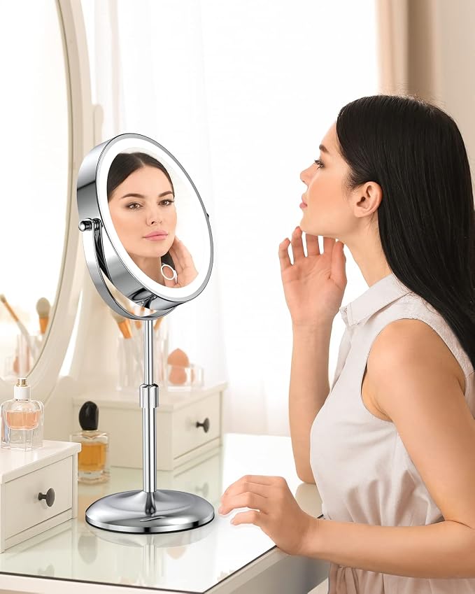 7" Lighted Makeup Mirror with Magnification 10X, Height Adjustable,3 Lights | 1X/10X Magnifying Mirror with Light, Stepless Dimming, 360° Swivel, Rechargeable Vanity Mirror for Desk, LED Standing Mirrors