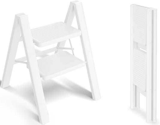 2 Step Ladder, Folding Step Stool, Lightweight Stepladder, White | Anti-Slip 7.9'' Wide Pedal;Space-Saving;For Kitchen, Home, Library, Office Use;300lbs Capacity