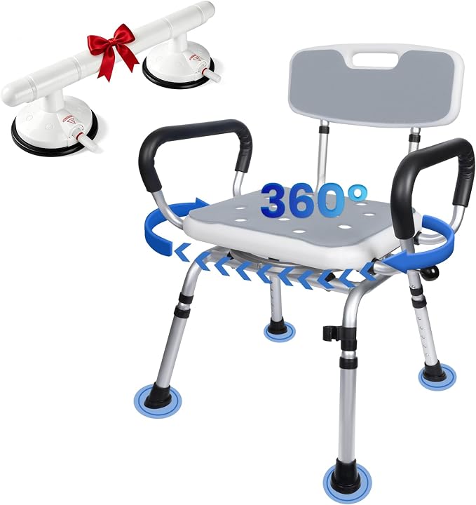 Swivel Shower Chair with Handle 500lbs Adjustable Arms & Back 360° Rotating | 360° Swivel, 5-Level Height Adjust, Non-Slip Feet, Tool-Free Assembly With Extra Suction Bath Grab Bar