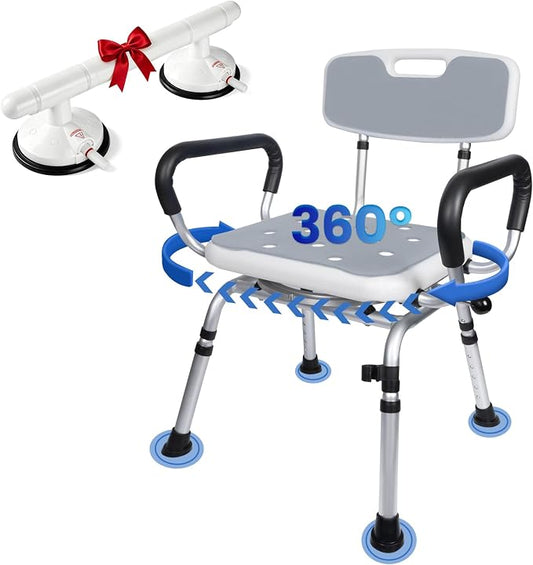 Swivel Shower Chair with Handle 500lbs Adjustable Arms & Back 360° Rotating | 360° Swivel, 5-Level Height Adjust, Non-Slip Feet, Tool-Free Assembly With Extra Suction Bath Grab Bar