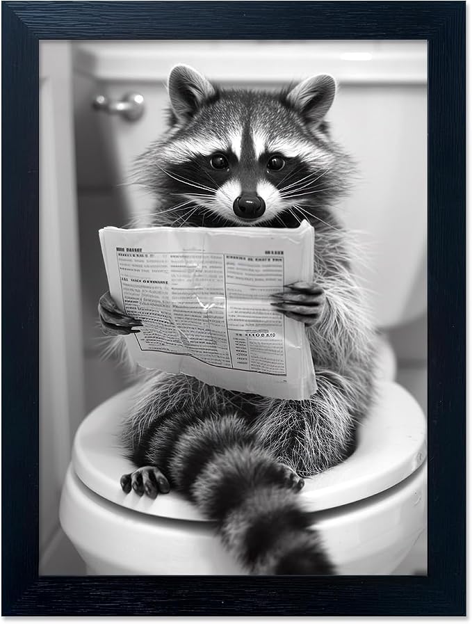 Funny Raccoon Bathroom Wall Decor Animal Wall Art Black and White Raccoon on Toilet Canvas Picture Print Farmhouse Framed Cute Painting Restroom Decoration Ready to Hang