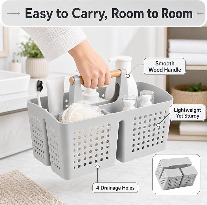 Portable Shower Caddy Basket with 3 Compartments and Handle, Light Gray | Plastic Divided Storage Caddy for Bathrooms, Apartments, Guest Rooms, Offices, Crafts and Under-Sink Organization