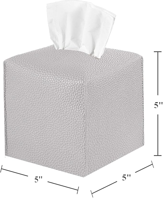 2 Pack 5"x5"x5" Square PU Leather Tissue Box Holders for Home & Office | Modern sleek design, water-resistant PU surface, fits bathroom vanity nightstand & car (Grey)