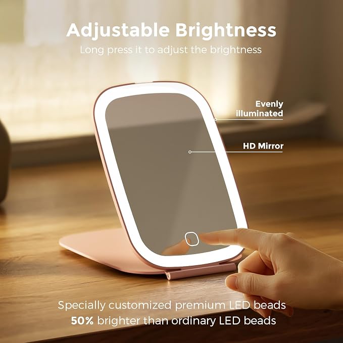 NEZZOE Rechargeable Travel Makeup Mirror with LED Light, 7x5 Inch, Pink