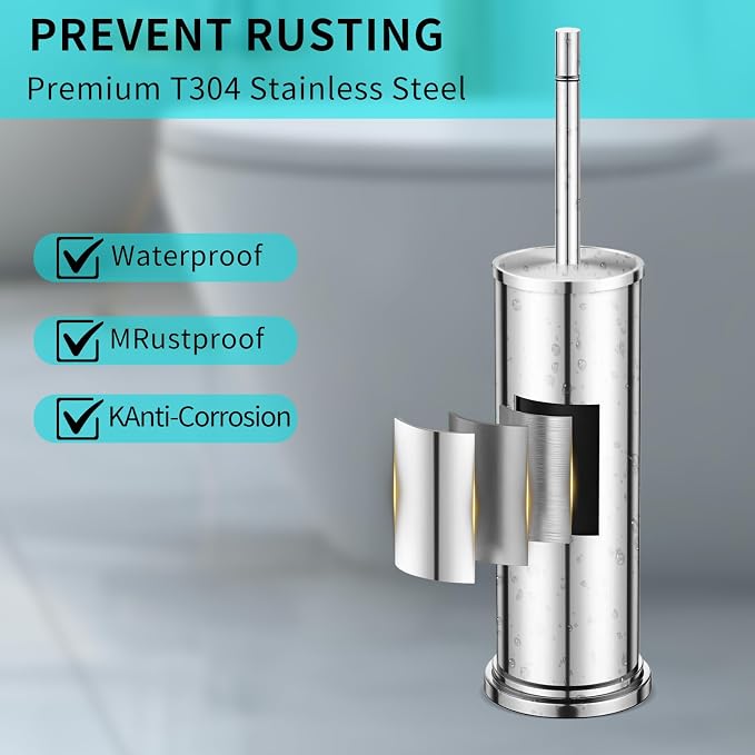 Stainless Steel Toilet Brush and Holder Set,Toilet Bowl Brush and Holder | Chrome Heavy Duty Toilet Brush for Bathroom with Long Handle,Removable Inner Bowl and Splash Protection,Deep Cleaning