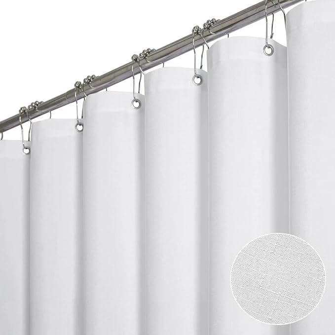 48x72 Linen Textured Waterproof Thick Fabric Shower Curtain Set, White | Stall Size, 230GSM Polyester, Heavy Duty Cloth, Weighted Hem, 8 Plastic Hooks, Modern Luxury Hotel Style, Machine Washable