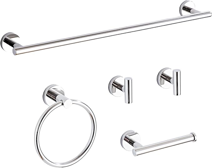 Chrome Bathroom Hardware Set 5 Piece with Towel Racks for Bathroom, SUS304 Stainless Steel Bath Towel Bar Set, 24 Inch Wall Mounted Accessories Kit…