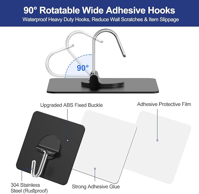 Adhesive Wall Hooks No Drill Black Heavy Duty, 13LB Sticky 12 Pack | Waterproof Black Sticky Hooks for Hanging, 13 lbs Max Load No Damage,Ideal for Towel,Coat,Bathroom,Kitchen,Home