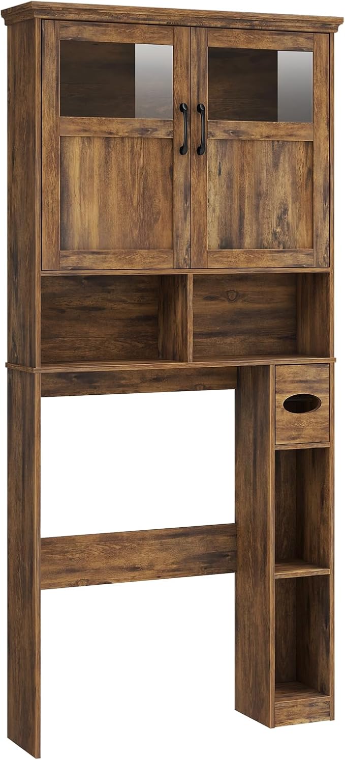 Vabches Over The Toilet Storage Cabinet with Doors & Paper Holder, Brown | Freestanding Toilet Shelf Space Saver with Anti-Tip Design & Adjustable Shelf or Restroom, Bathroom, Laundry