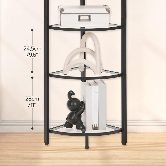 HOOBRO 5-Tier Corner Shelf Stand, Gold Corner Bookshelf, Tempered Glass Shelves, Bathroom Organizer, Corner Plant Stand, for Living Room, Study, Balcony, Home Office, Modern Style, Black BK15CJ01