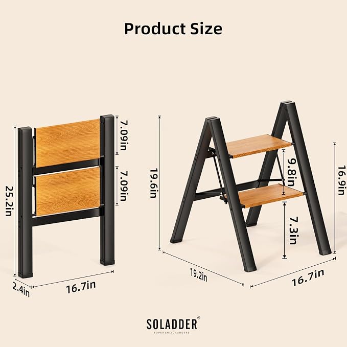 2 Step Ladder, Folding Step Stool, Black & Woodgrain | Wide Anti-Slip Steps and a Foldable, Space-Saving Design for Adults to Use in Kitchens, Closets, Library,300 lbs