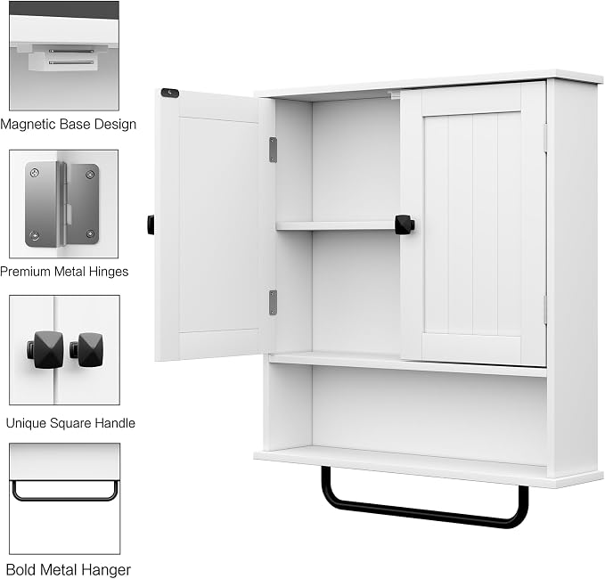 RRX Bathroom Cabinet Wall Mounted Medicine Cabinets with Towels Bar (White) | Over The Toilet Storage Cabinet with 2 Doors and Adjustable Shelf, White Wall Cabinet for Bathroom Laundry Kitchen