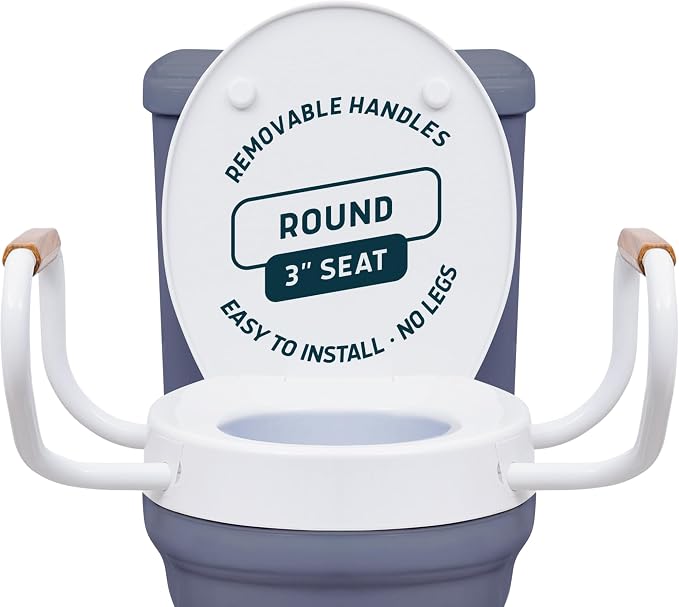 Lunderg Solva Raised Toilet Seat with Handles - Round - Adds 3 Inches | Easy to Install Toilet Seat Risers for Seniors - Elegant White Design & Works like the one you always use - No Hospital Vibe