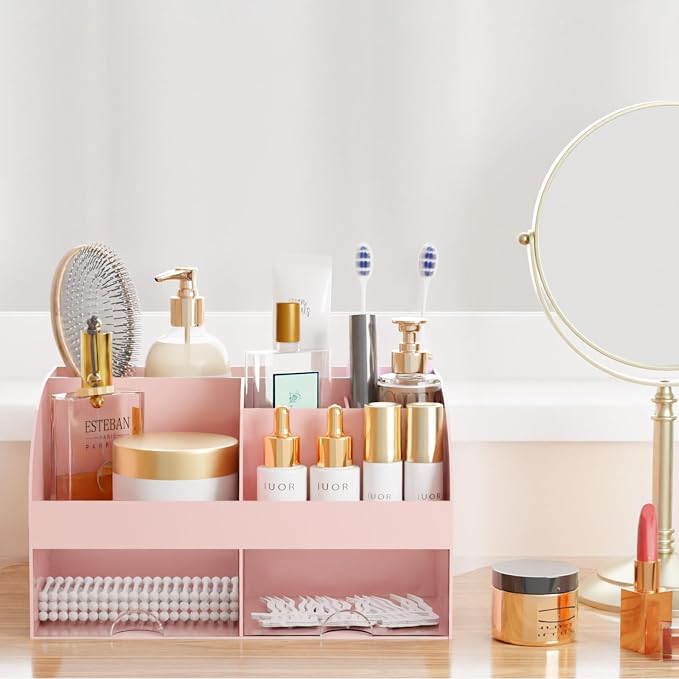 Makeup Organizer with Drawers, Cosmetic Storage for Dresser Vanity and Bathroom Countertop, Beauty Holder for Lipstick Brush, Skincare Organizer for Vanity, Cosmetic Display Case (Pink-2Pack)